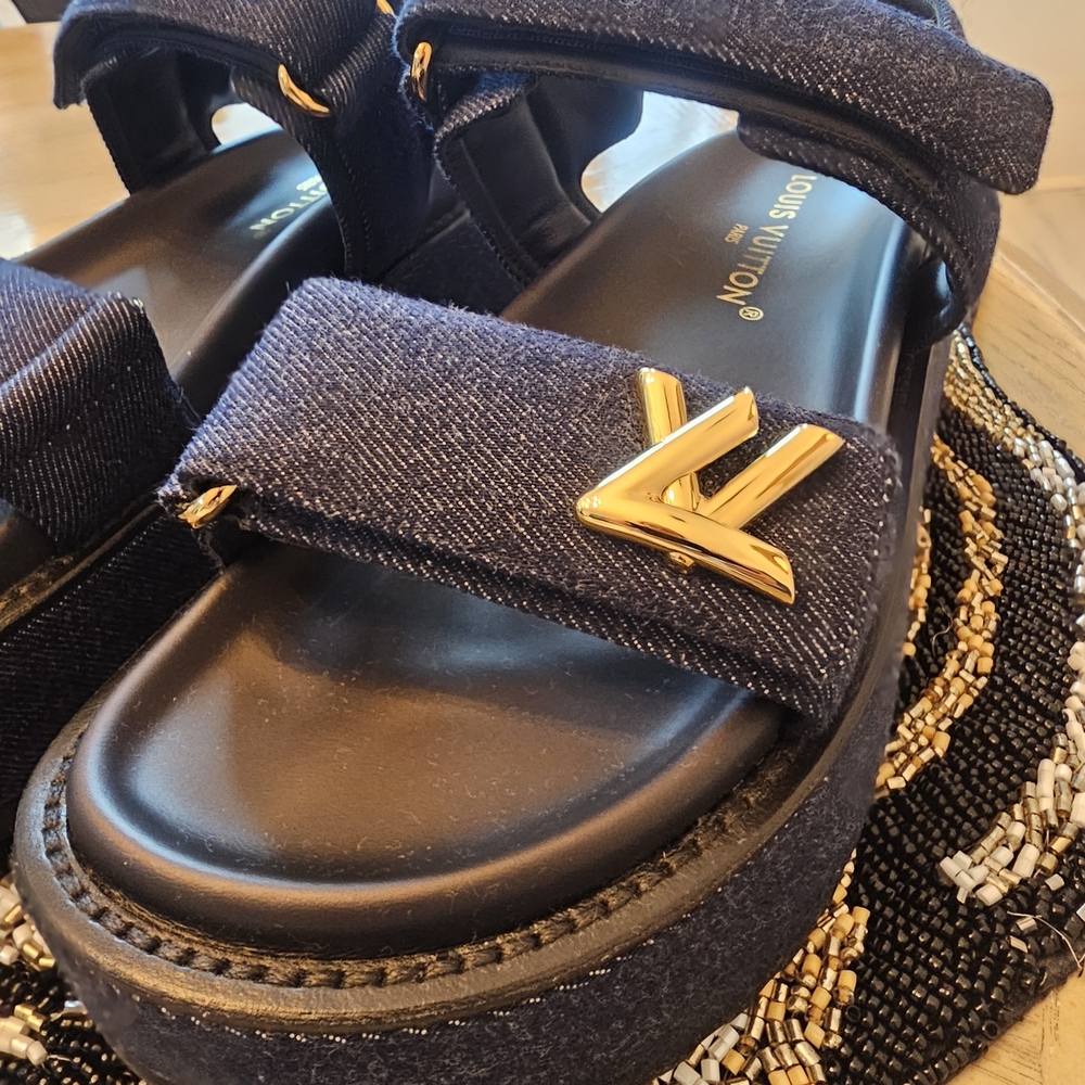 Louis Vuitton Navy Denim Logo Slide Sandals with Gold Hardware
